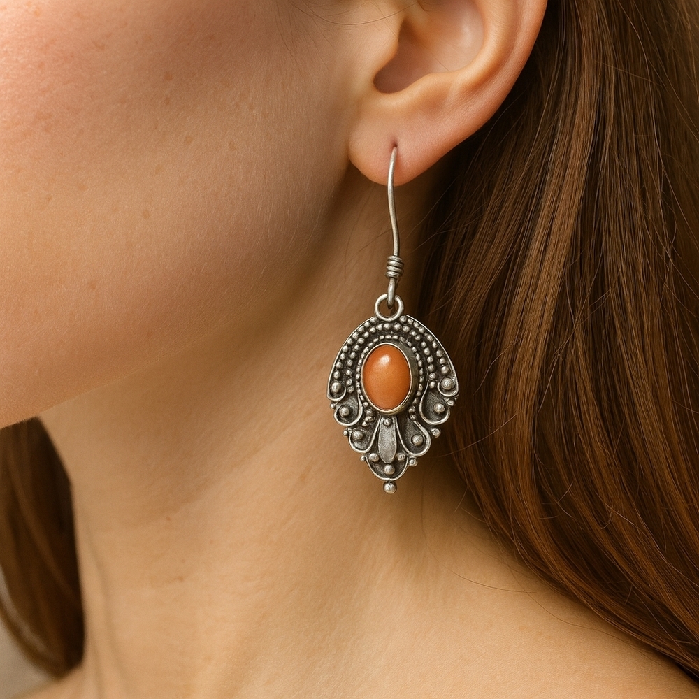 Vintage Peach Moonstone Dangle Silver Earrings Victorian
